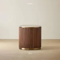 San Pierre Walnut Veneer Side Table with Travertine Finish Sintered Stone Top