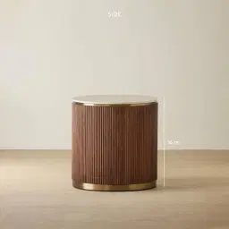 San Pierre Walnut Veneer Side Table with Travertine Finish Sintered Stone Top