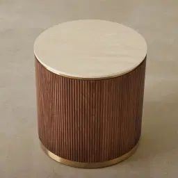San Pierre Walnut Veneer Side Table with Travertine Finish Sintered Stone Top