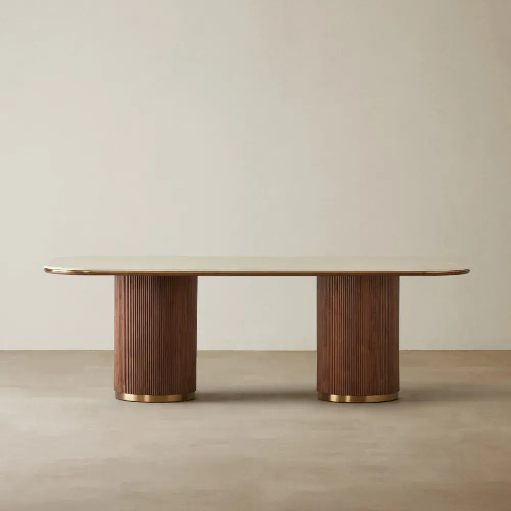 San Pierre Walnut Veneer Dining Table - Two Legs - Travertine Finish Sintered Stone Top