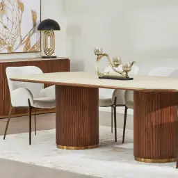 San Pierre Walnut Veneer Two-Leg Rectangular Dining Table with Travertine Finish Sintered Stone Top - 240x120cm