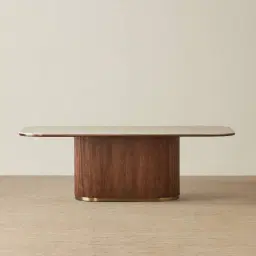 San Pierre Walnut Veneer Single Leg Rectangular Dining Table with Travertine Finish Sintered Stone Top - 240x120cm