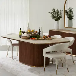 San Pierre Walnut Veneer Single Leg Rectangular Dining Table with Travertine Finish Sintered Stone Top - 240x120cm