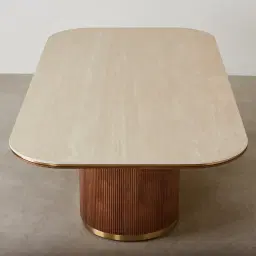 San Pierre Walnut Veneer Single Leg Rectangular Dining Table with Travertine Finish Sintered Stone Top - 240x120cm