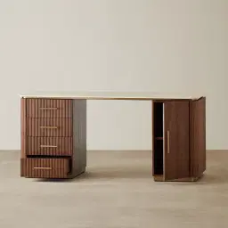 San Pierre Walnut Veneer Study Desk with Travertine Finish Sintered Stone Top