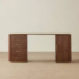 San Pierre Walnut Veneer Study Desk with Travertine Finish Sintered Stone Top