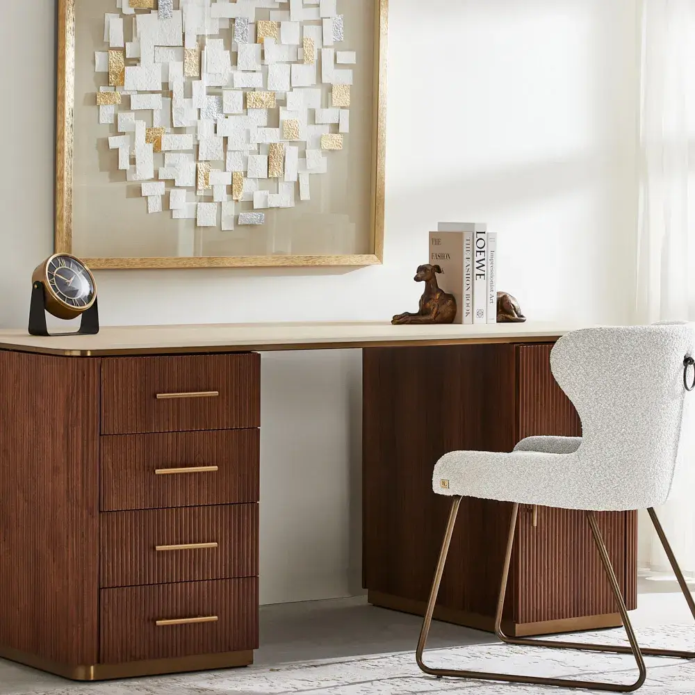 San Pierre Walnut Veneer Study Desk - Travertine Finish Sintered Stone Top
