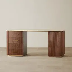 San Pierre Walnut Veneer Study Desk with Travertine Finish Sintered Stone Top