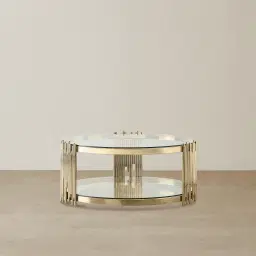 Lindsay Polished Champagne Gold Stainless Steel Round Coffee Table - Clear Glass Top