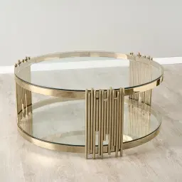 Lindsay Polished Champagne Gold Stainless Steel Round Coffee Table - Clear Glass Top