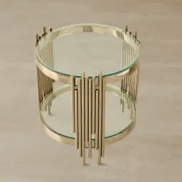 Lindsay Polished Champagne Gold Stainless Steel Round Side Table - Clear Glass Top