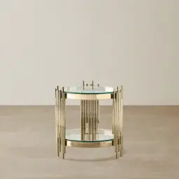 Lindsay Polished Champagne Gold Stainless Steel Round Side Table - Clear Glass Top