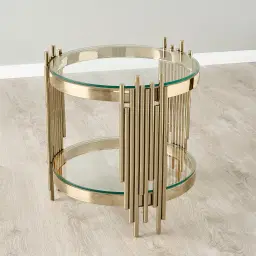 Lindsay Polished Champagne Gold Stainless Steel Round Side Table - Clear Glass Top