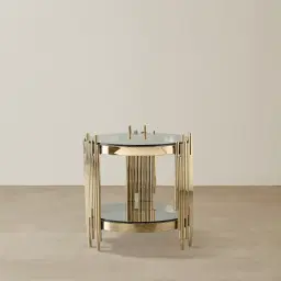Lindsay Polished Champagne Gold Stainless Steel Round Side Table - Smoke Glass Top