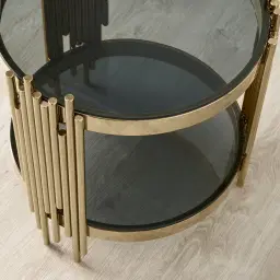 Lindsay Polished Champagne Gold Stainless Steel Round Side Table - Smoke Glass Top