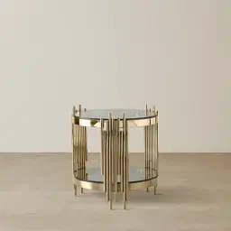 Lindsay Polished Champagne Gold Stainless Steel Round Side Table - Smoke Glass Top
