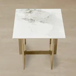 Dianne White Grey-Streaked Sintered Stone Side Table - Brushed Champagne Gold Stainless Steel Frame