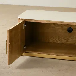 San Pierre Light Brown Ash Veneer Entertainment Unit with Travertine Finish Sintered Stone Top