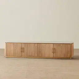 San Pierre Light Brown Ash Veneer Entertainment Unit with Travertine Finish Sintered Stone Top