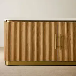 San Pierre Light Brown Ash Veneer Entertainment Unit with Travertine Finish Sintered Stone Top