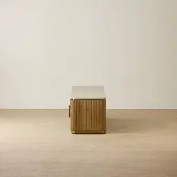 San Pierre Light Brown Ash Veneer Entertainment Unit with Travertine Finish Sintered Stone Top