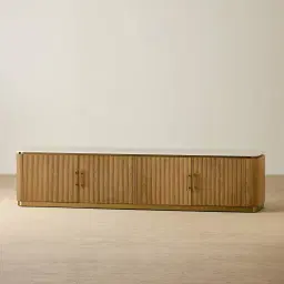 San Pierre Light Brown Ash Veneer Entertainment Unit with Travertine Finish Sintered Stone Top