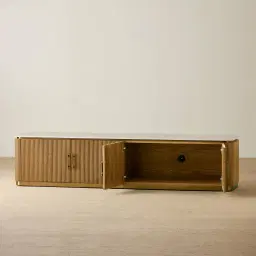 San Pierre Light Brown Ash Veneer Entertainment Unit with Travertine Finish Sintered Stone Top