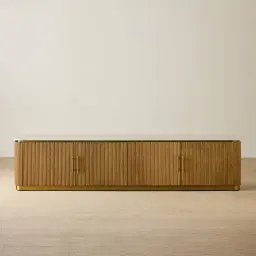 San Pierre Light Brown Ash Veneer Entertainment Unit with Travertine Finish Sintered Stone Top