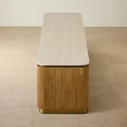 San Pierre Light Brown Ash Veneer Entertainment Unit with Travertine Finish Sintered Stone Top