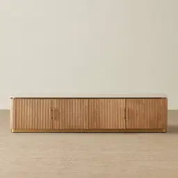 San Pierre Light Brown Ash Veneer Entertainment Unit with Travertine Finish Sintered Stone Top