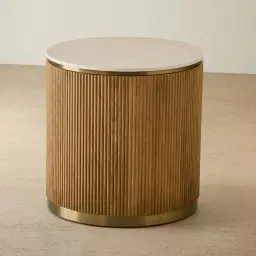San Pierre Light Brown Ash Veneer Side Table with Travertine Finish Sintered Stone Top