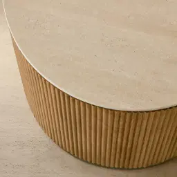 San Pierre Light Brown Ash Veneer Side Table with Travertine Finish Sintered Stone Top
