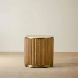 San Pierre Light Brown Ash Veneer Side Table with Travertine Finish Sintered Stone Top