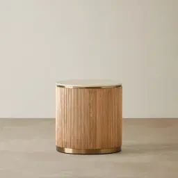 San Pierre Light Brown Ash Veneer Side Table with Travertine Finish Sintered Stone Top