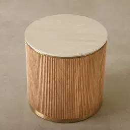 San Pierre Light Brown Ash Veneer Side Table with Travertine Finish Sintered Stone Top