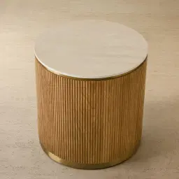San Pierre Light Brown Ash Veneer Side Table with Travertine Finish Sintered Stone Top