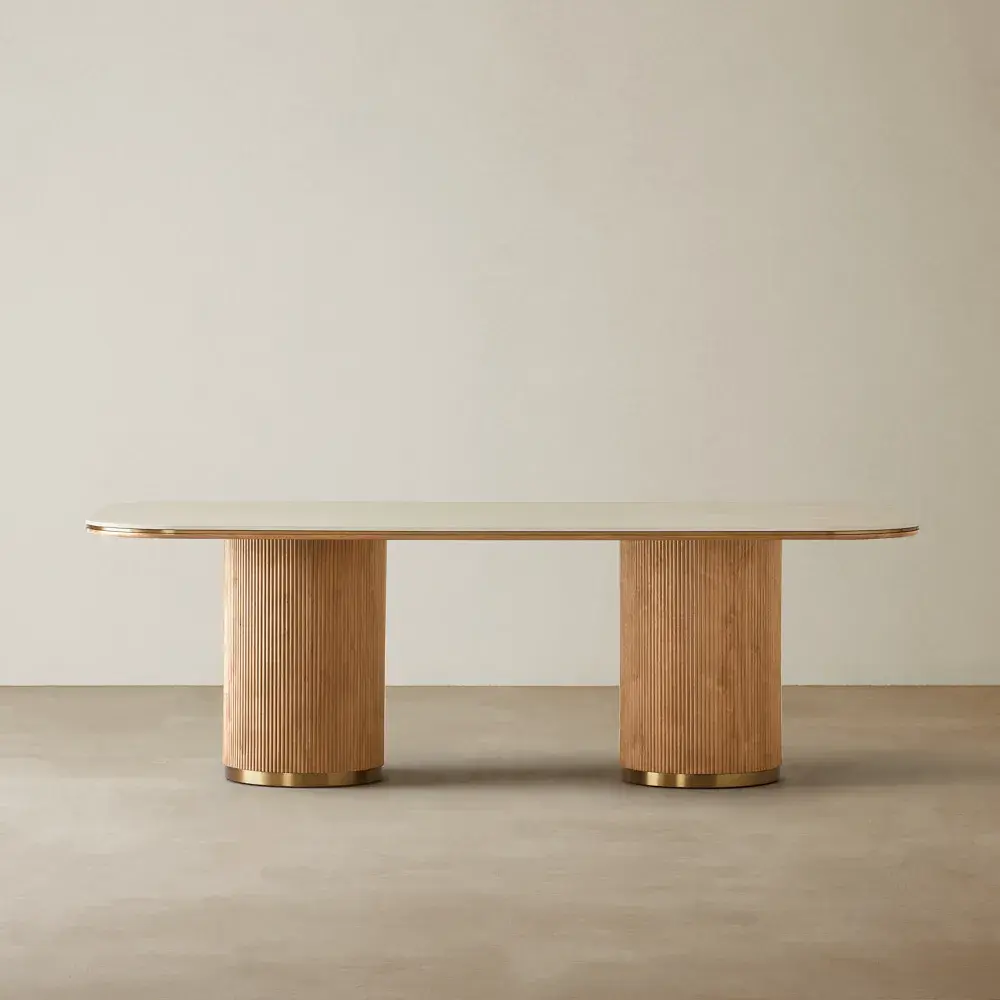 San Pierre Light Brown Ash Veneer Dining Table - Two Legs - Travertine Finish Sintered Stone Top