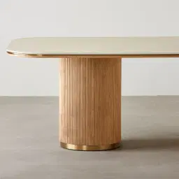 San Pierre Light Brown Ash Veneer Two-Leg Rectangular Dining Table with Travertine Finish Sintered Stone Top - 240x120cm