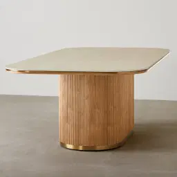 San Pierre Light Brown Ash Veneer Single Leg Rectangular Dining Table with Travertine Finish Sintered Stone Top - 240x120cm