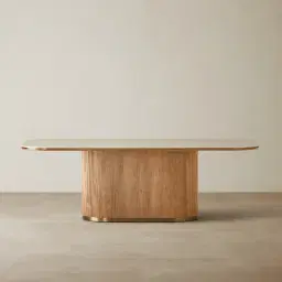 San Pierre Light Brown Ash Veneer Single Leg Rectangular Dining Table with Travertine Finish Sintered Stone Top - 240x120cm