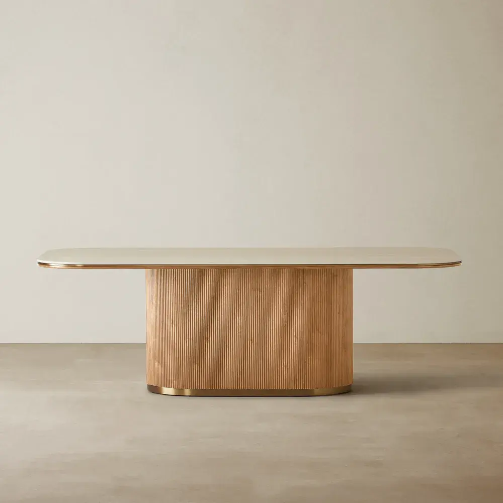 San Pierre Light Brown Ash Veneer Dining Table - Single Leg - Travertine Finish Sintered Stone Top