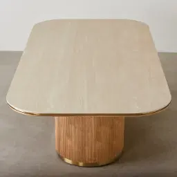 San Pierre Light Brown Ash Veneer Single Leg Rectangular Dining Table with Travertine Finish Sintered Stone Top - 240x120cm