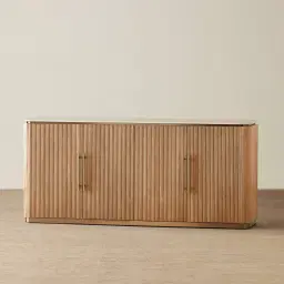 San Pierre Light Brown Ash Veneer Sideboard with Travertine Finish Sintered Stone Top