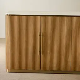 San Pierre Light Brown Ash Veneer Sideboard with Travertine Finish Sintered Stone Top
