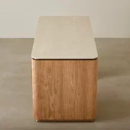 San Pierre Light Brown Ash Veneer Study Desk with Travertine Finish Sintered Stone Top