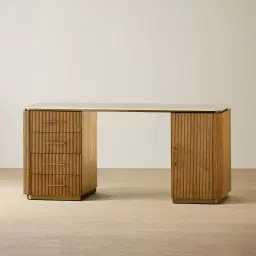 San Pierre Light Brown Ash Veneer Study Desk with Travertine Finish Sintered Stone Top