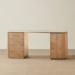 San Pierre Light Brown Ash Veneer Study Desk with Travertine Finish Sintered Stone Top