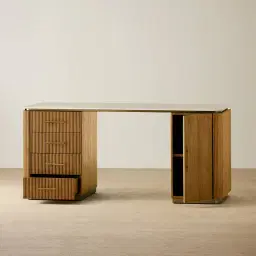 San Pierre Light Brown Ash Veneer Study Desk with Travertine Finish Sintered Stone Top