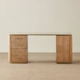 San Pierre Light Brown Ash Veneer Study Desk with Travertine Finish Sintered Stone Top