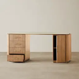 San Pierre Light Brown Ash Veneer Study Desk with Travertine Finish Sintered Stone Top